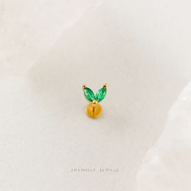 Opulent statement earrings-Tiny 2 Leaf Emerald Stone Threadless Flat Back Nose Stud, 20,18,16ga, 5-10mm, Unisex, Surgical Steel, SHEMISLI SS548