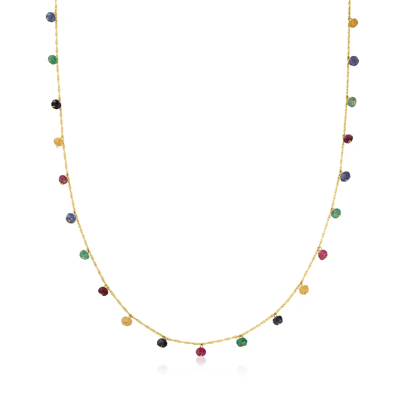 Spinel pendant necklaces-Canaria Multicolored Sapphire and Ruby Bead Station Necklace in 10kt Yellow Gold