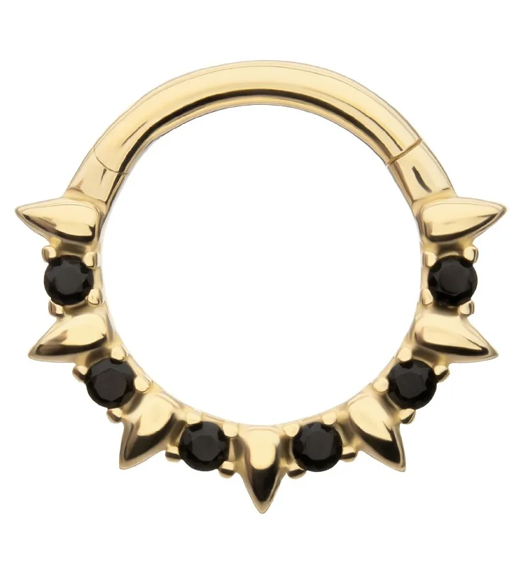 Solid band rings-14kt Gold Black CZ Barbed Hinged Segment Ring