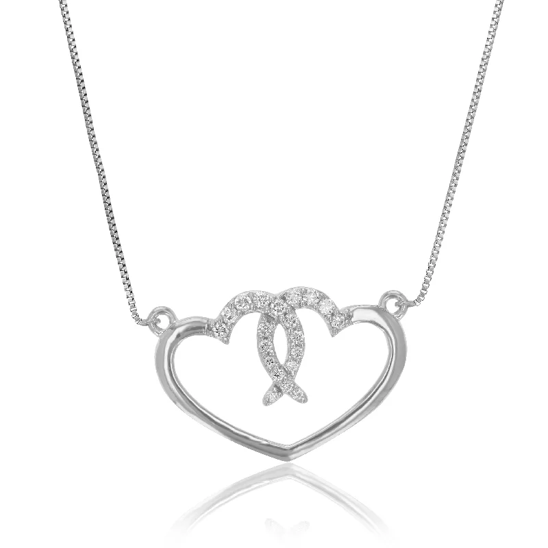 Six-strand necklaces-1/6 cttw Lab Grown Diamond Double Heart Pendant Necklace .925 Sterling Silver 3/4 Inch With 18 Inch Chain