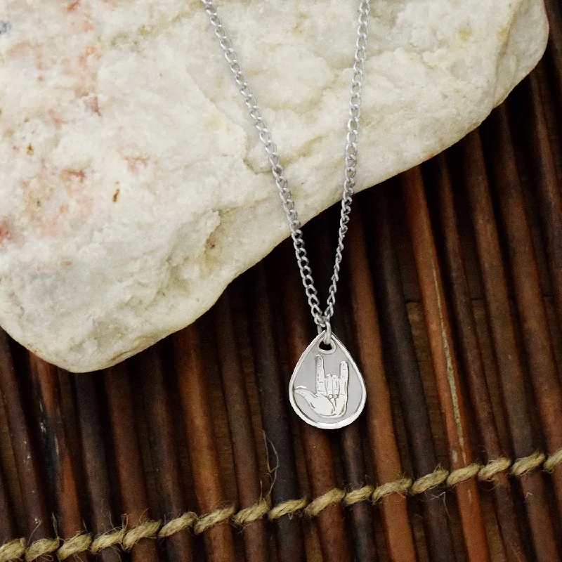 Iolite stone necklaces-I Love You American Sign Language Silver Necklace