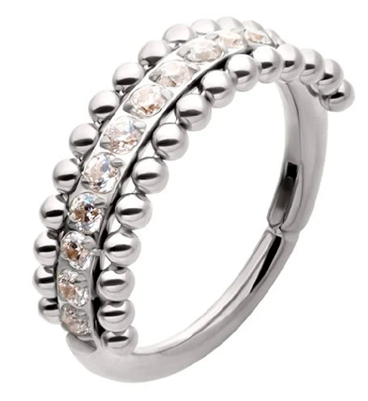 Crisp eternity rings-Beaded Center Row Clear CZ Stainless Steel Hinged Segment Ring