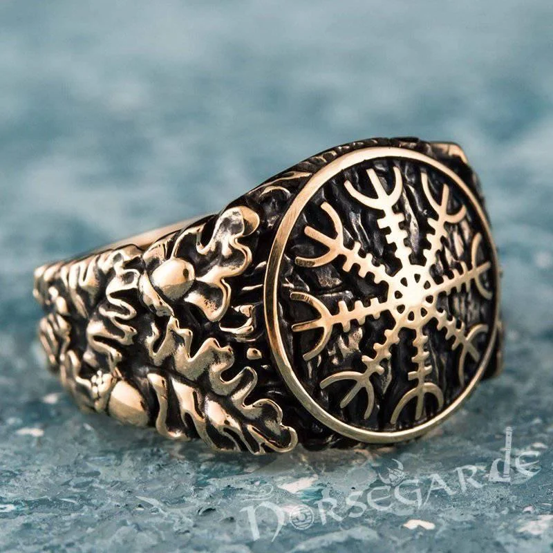 Tiered design rings-Handcrafted Helm of Awe Rune Oak Leaves Ring - Bronze