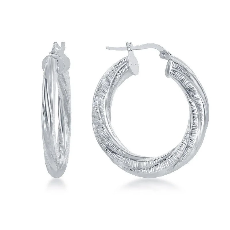 Solid hoop earrings-Sterling Silver Rhodium Plated Twisted Designed Hoop Earrings