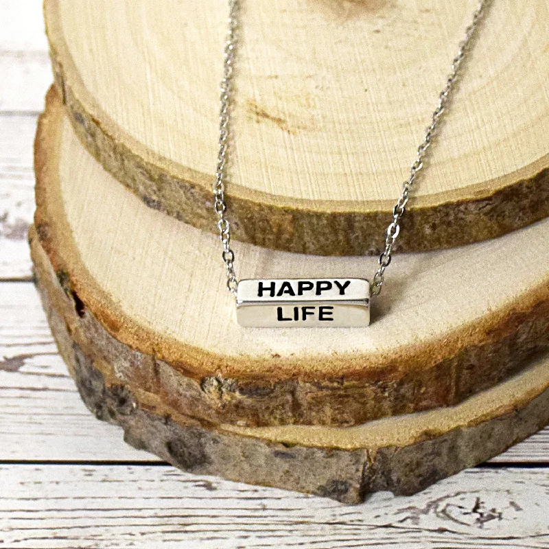 Matte bead necklaces-Happy Life Necklace - Silver Finish Bar Necklace