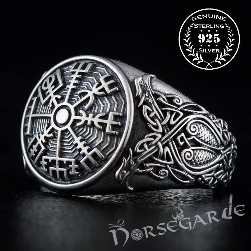 Stranded motif rings-Handcrafted Vegvisir Viking Ornament Ring - Sterling Silver