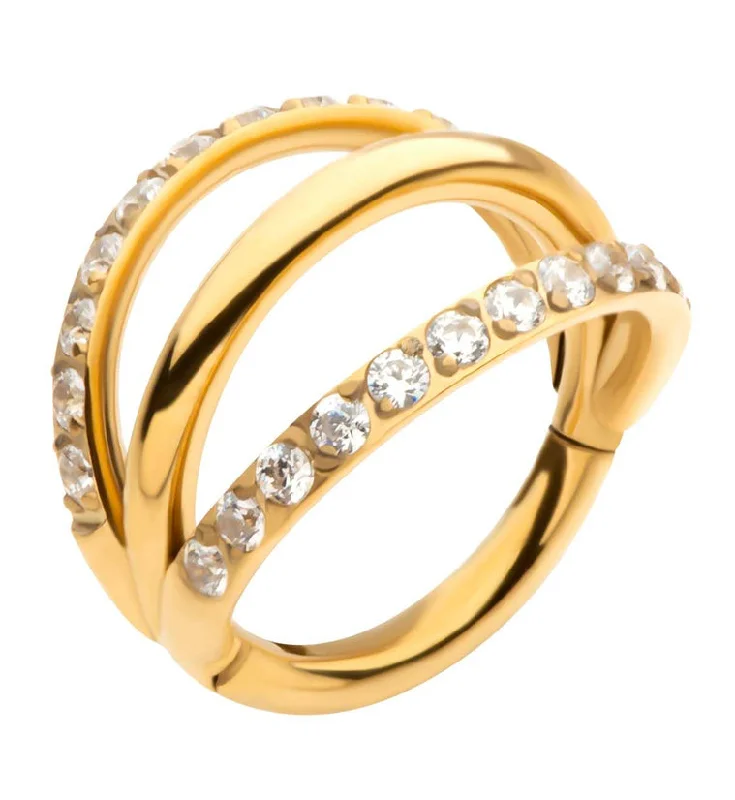 Raised texture rings-24kt Gold PVD Triple Side Bar Dual Clear CZ Row Titanium Hinged Segment Ring