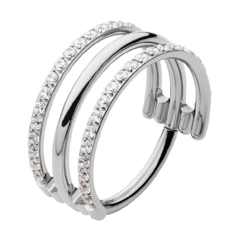 Tiered design rings-Triple Interval Double Outer CZ Row Titanium Hinged Segment Ring