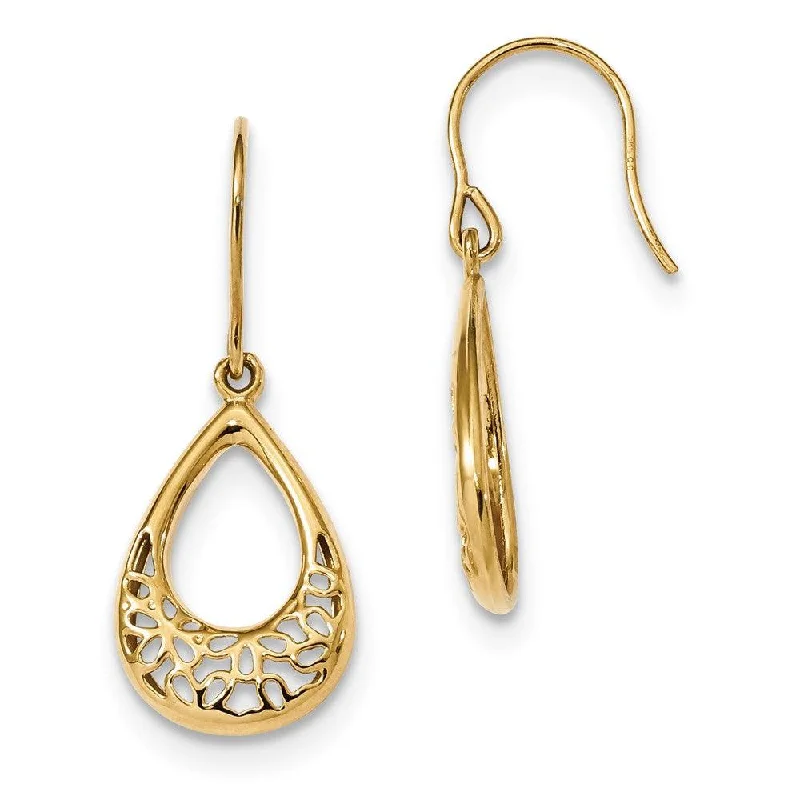 Reed style earrings-14k Polished Floral Teardrop Shepherd Hook Earrings