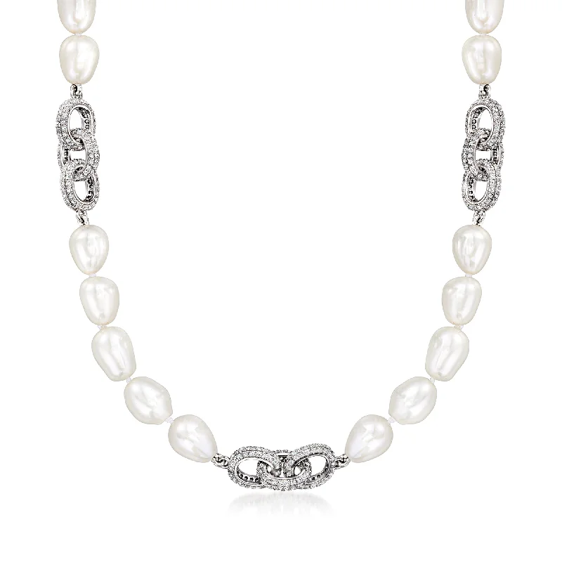 Drifting gem necklaces-Ross-Simons 7.5-8.5mm Cultured Semi-Baroque Pearl and White Topaz Oval-Link Necklace in Sterling Silver