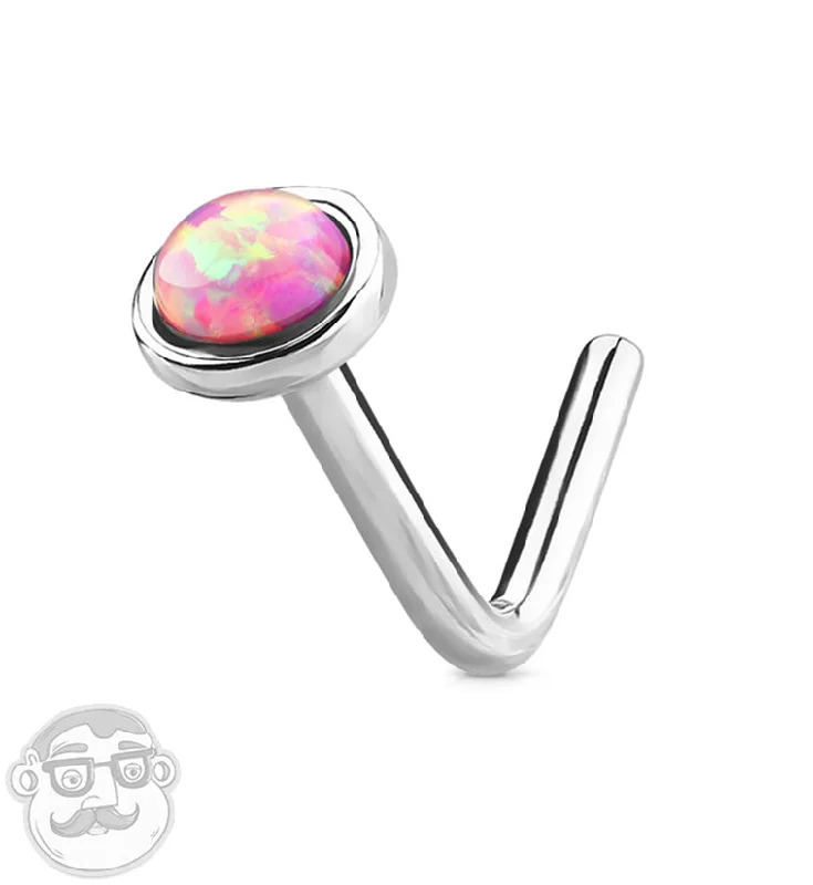 Slip knot rings-20G 14kt White Gold L Bend Pink Opal Top Nose Ring