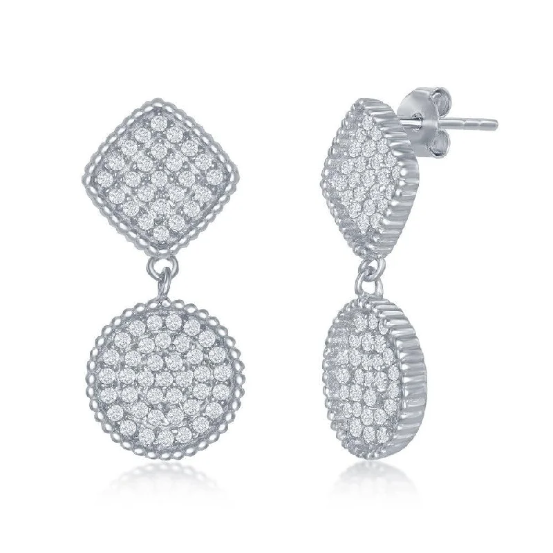 Twisted wire earrings-Sterling Silver Square and Circle CZ Earrings