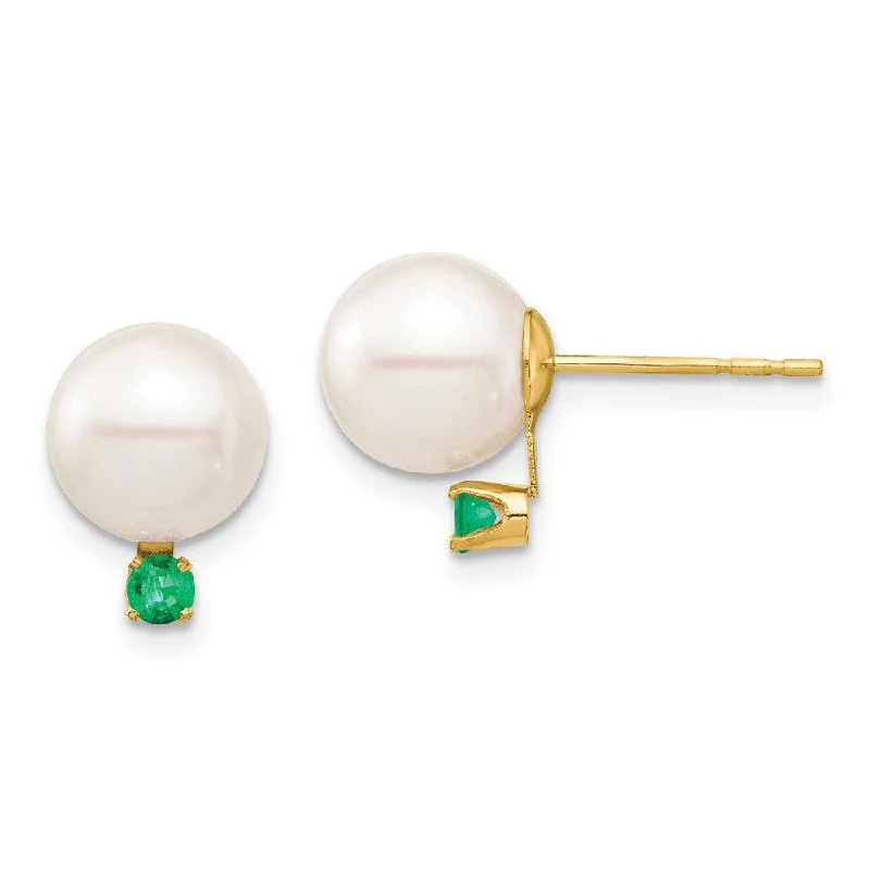 Thai tile earrings-14K 8-8.5mm White Round Freshwater Cultured Pearl Emerald Post Earrings