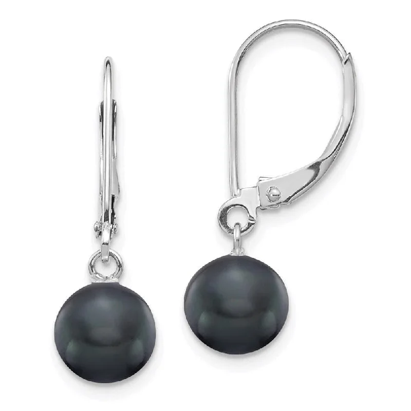 Circle stud earrings-14K White Gold 7-7.5mm Black Round FWC Pearl Leverback Earrings