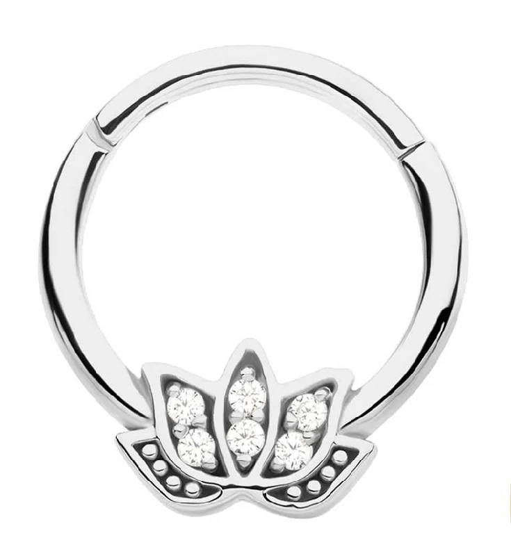 Coil loop rings-Lotus Flower Clear CZ Stainless Steel Hinged Segment Ring