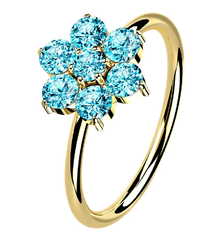 Charoite rings-14kt Gold Aqua CZ Gem Flower Hoop Ring