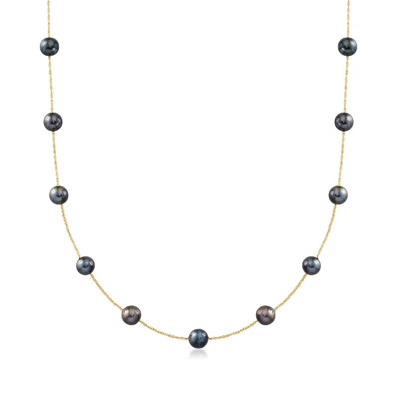 Tiered chain necklaces-Ross-Simons 6-6.5mm Black Cultured Pearl Station Necklace in 14kt Yellow Gold