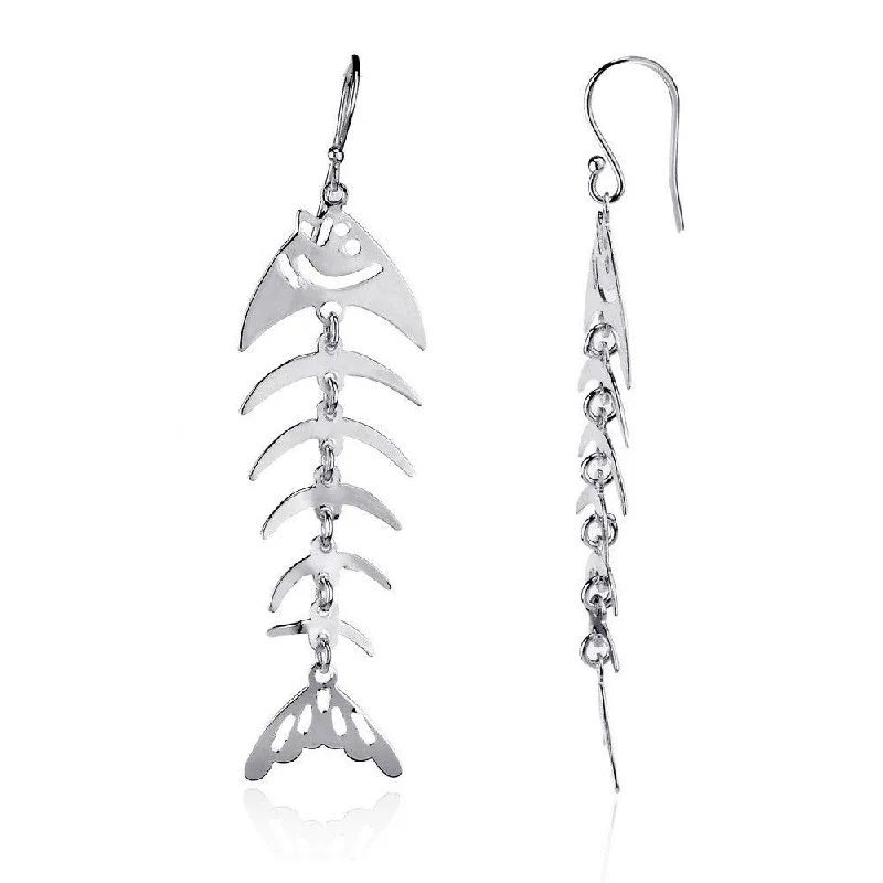 Slip knot earrings-Sterling Silver Long Dangling Fish Skeleton Earrings