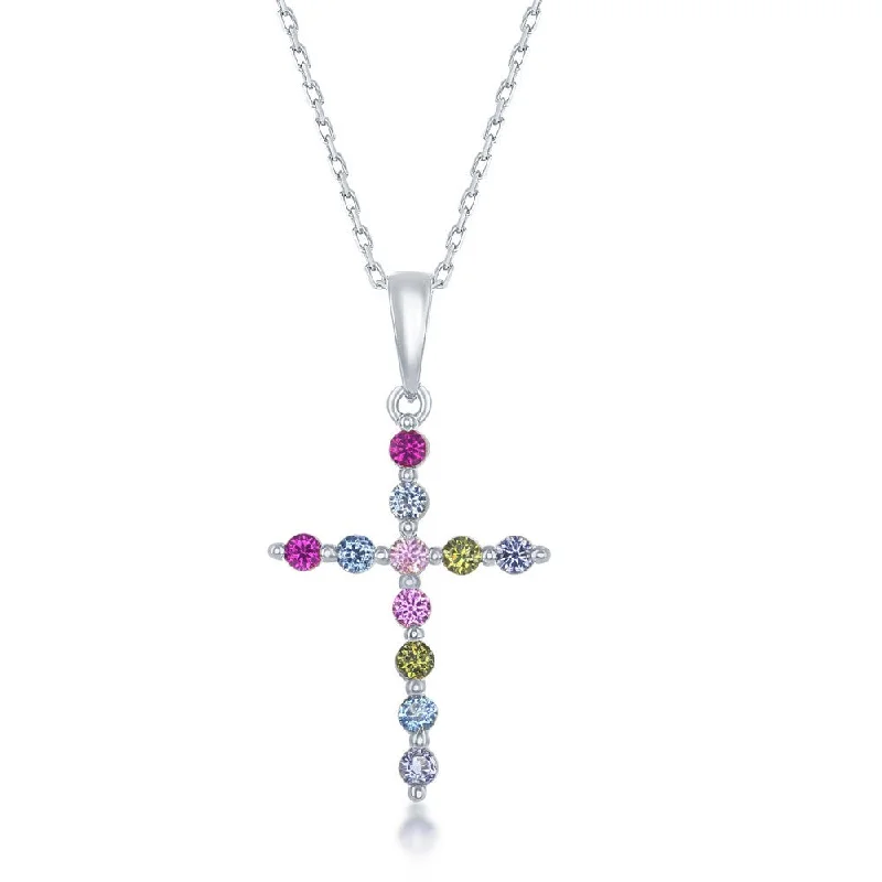 Relic coin necklaces-Sterling Silver Rainbow CZ Cross Pendant