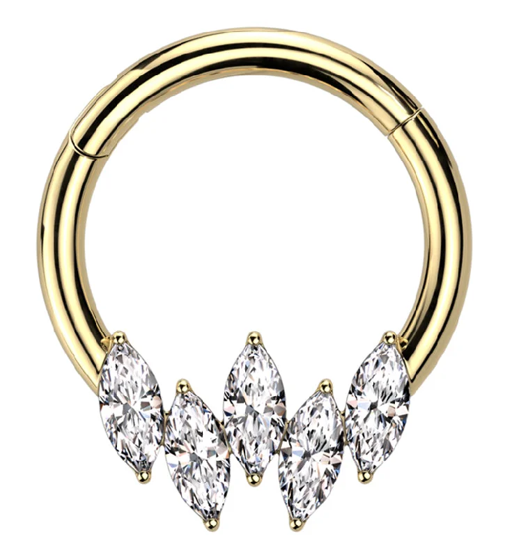 Clustered stone rings-Gold PVD Point Marquise Clear CZ Stainless Steel Hinged Segment Ring