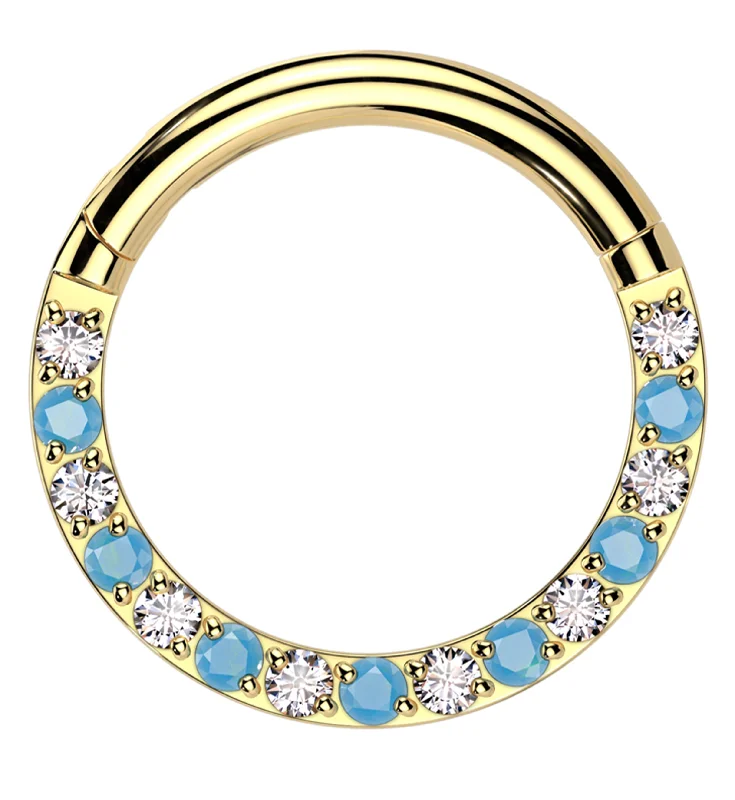 Solo dot rings-Gold PVD Front Facing Clear CZ Turquoise Titanium Hinged Segment Ring