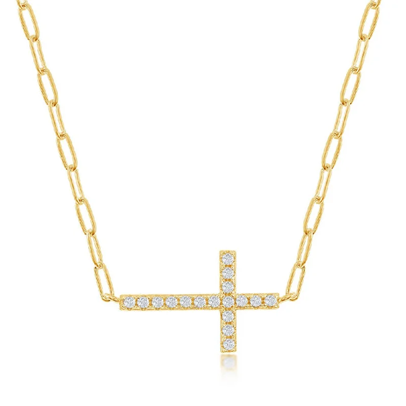 Orchid flower necklaces-Sterling Silver CZ Sideways Cross Paperclip Necklace - Gold Plated