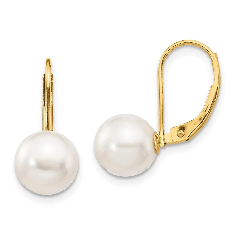 Dark clay earrings-14k 8-9mm White Round Saltwater Akoya Cultured Pearl Leverback Earrings