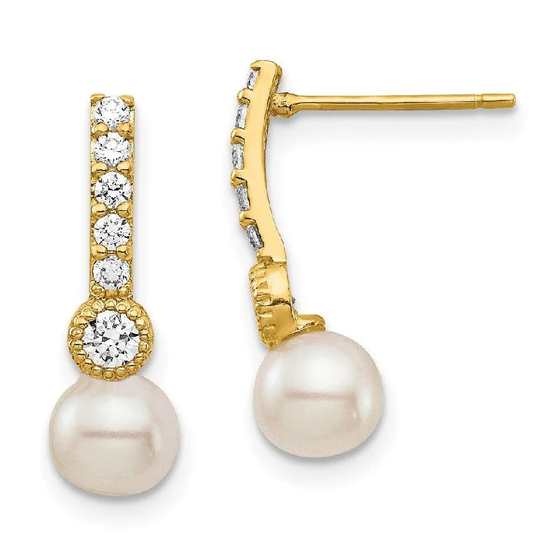 Flowing design earrings-14K 6mm White Semi-round Freshwater Cultured Pearl CZ Post Drop Earrings