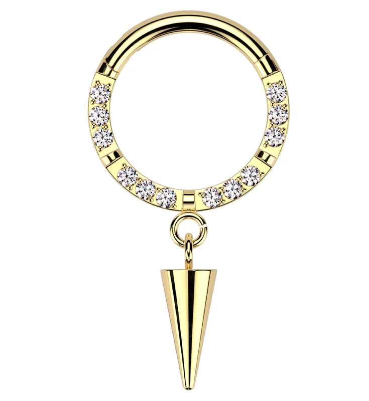 Slide band rings-Gold PVD Front Facing Cone Dangle Clear CZ Row Titanium Hinged Segment Ring