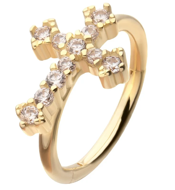 Flowing art rings-14kt Gold Baroque Cross Clear CZ Hinged Segment Ring