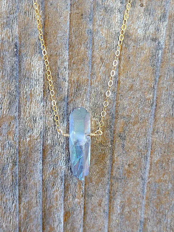 Aged silver necklaces-Single Raw Mystic Grey Quartz Crystal Pendant Necklace in Gold