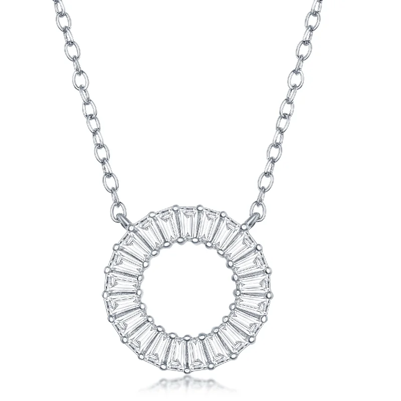 Branch design necklaces-Sterling Silver Baguette CZ Open Circle Necklace