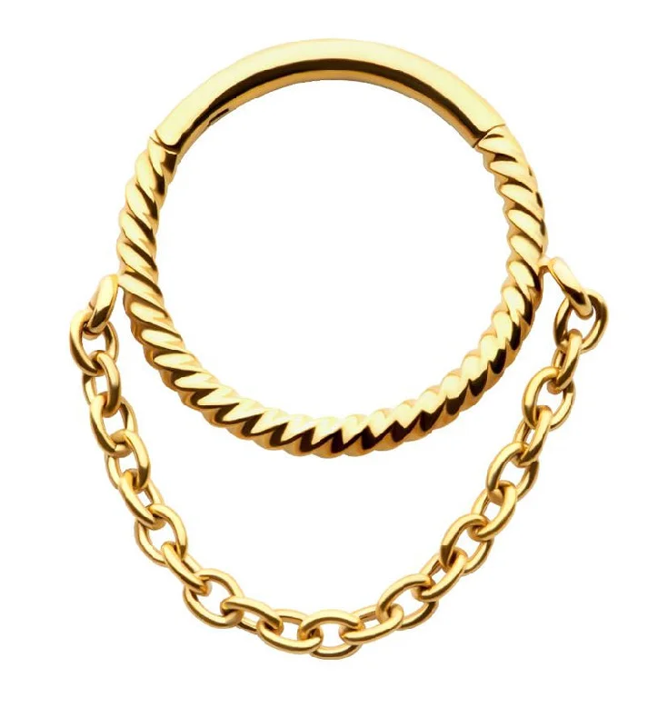 Dual alloy rings-Gold PVD Twine Dangle Chain Stainless Steel Hinged Segment Ring