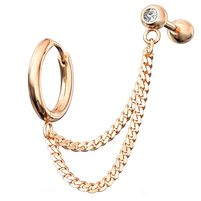 Baroque style rings-Rose Gold PVD Double Linked Hinged Hoop Ring & CZ Cartilage Barbell