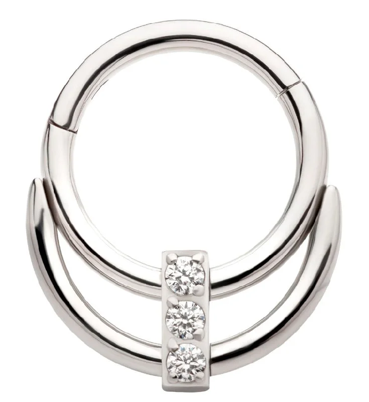 Solo dot rings-Double Hoop Triple Clear CZ Bar Stainless Steel Hinged Segment Ring