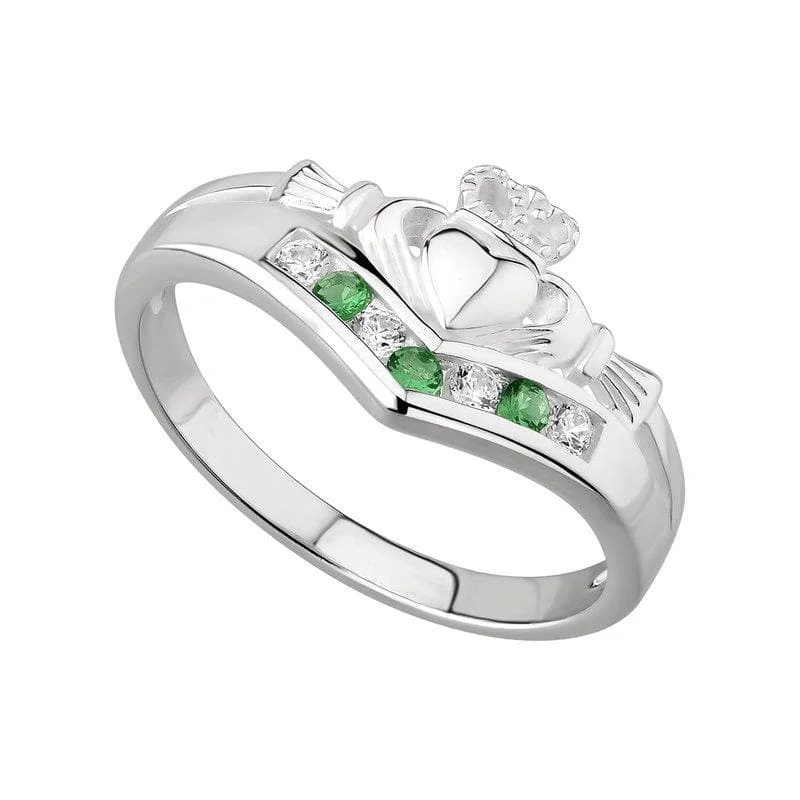 Crisp band rings-Radiant Claddagh Ring for Women: Sterling Silver & Emerald Crystals