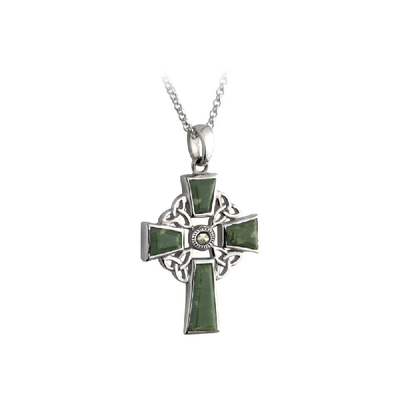 Smooth clasp necklaces-Sterling Silver Celtic Cross Necklace with Connemara Marble – Dublin-Made Irish Design