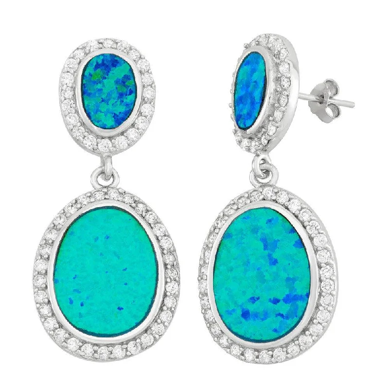 Sloped drop earrings-Sterling Silver Blue Inlay Opal with CZs Earrings