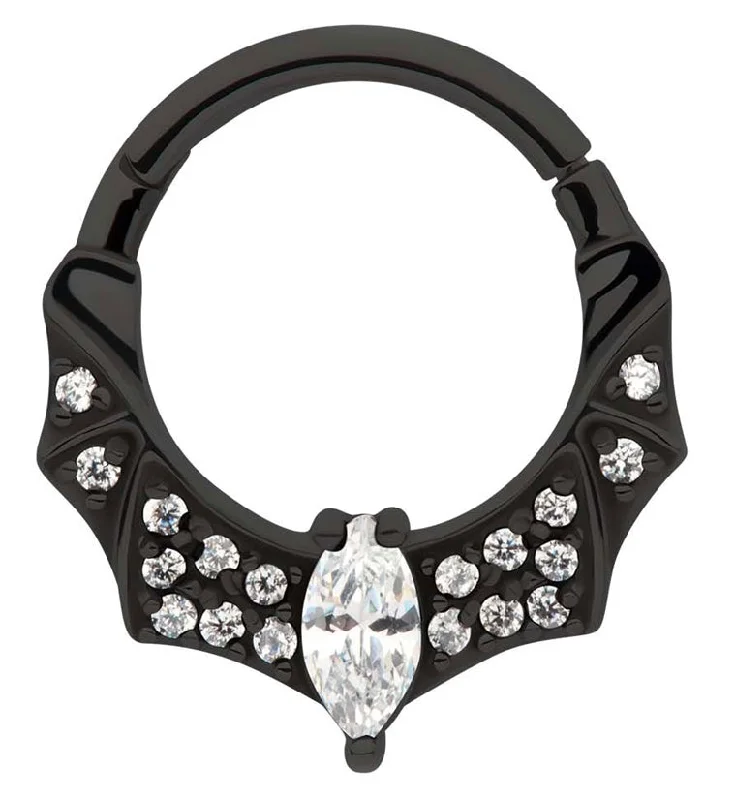 Satin silver rings-Black PVD Bat Rim Clear CZ Stainless Steel Hinged Segment Ring