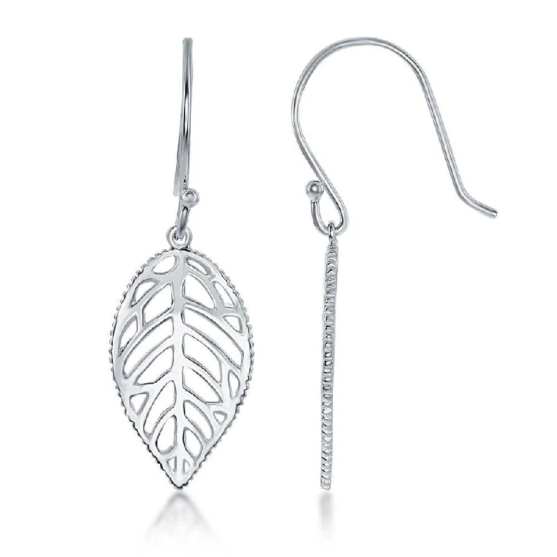 Jazz deco earrings-Sterling Silver Open Leaf with Fish hook Earrings