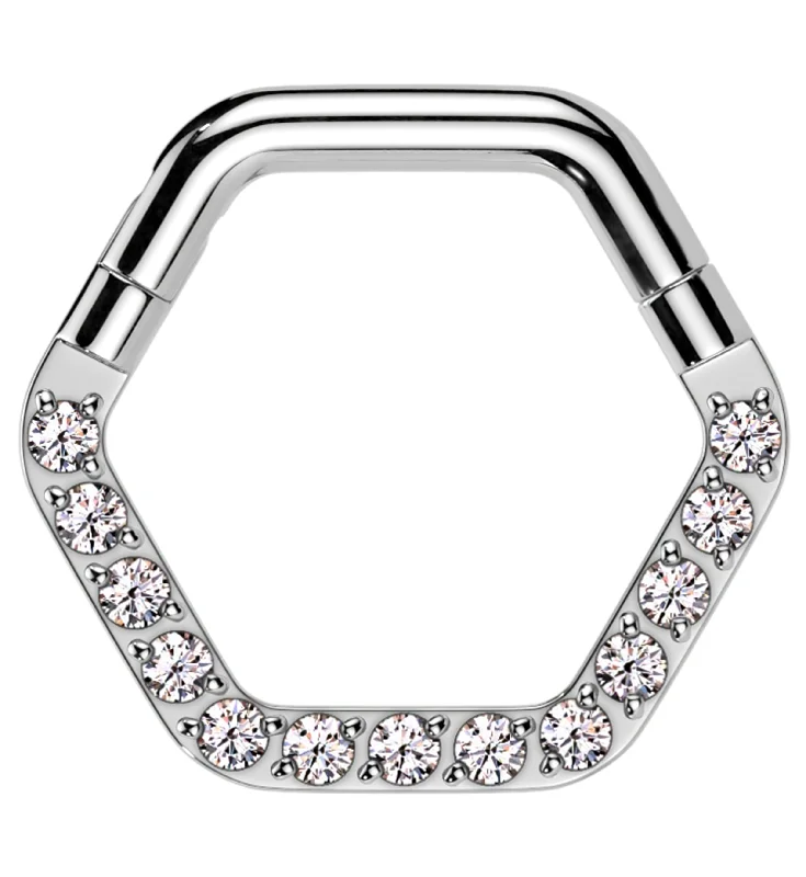 Solid stone rings-Hexagon Clear CZ Stainless Steel Hinged Segment Ring