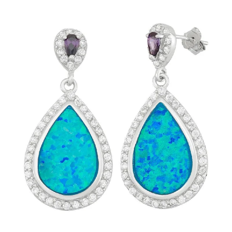 Burnished art earrings-Sterling Silver Tear Shaped Opal with CZs Earrings