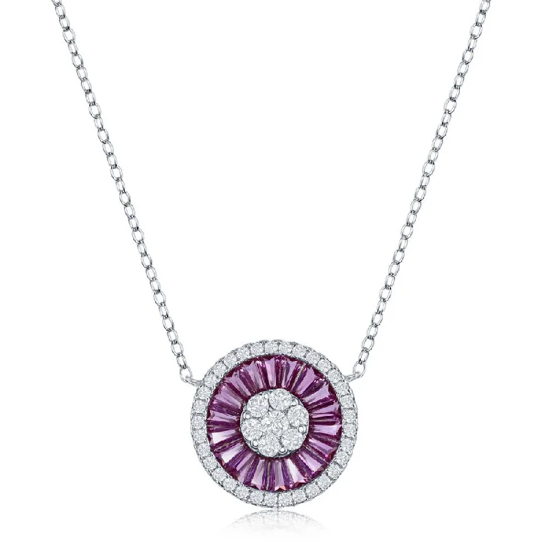 Crisp-line necklaces-Sterling Silver White CZ and Simulated Baguette Circle Necklace