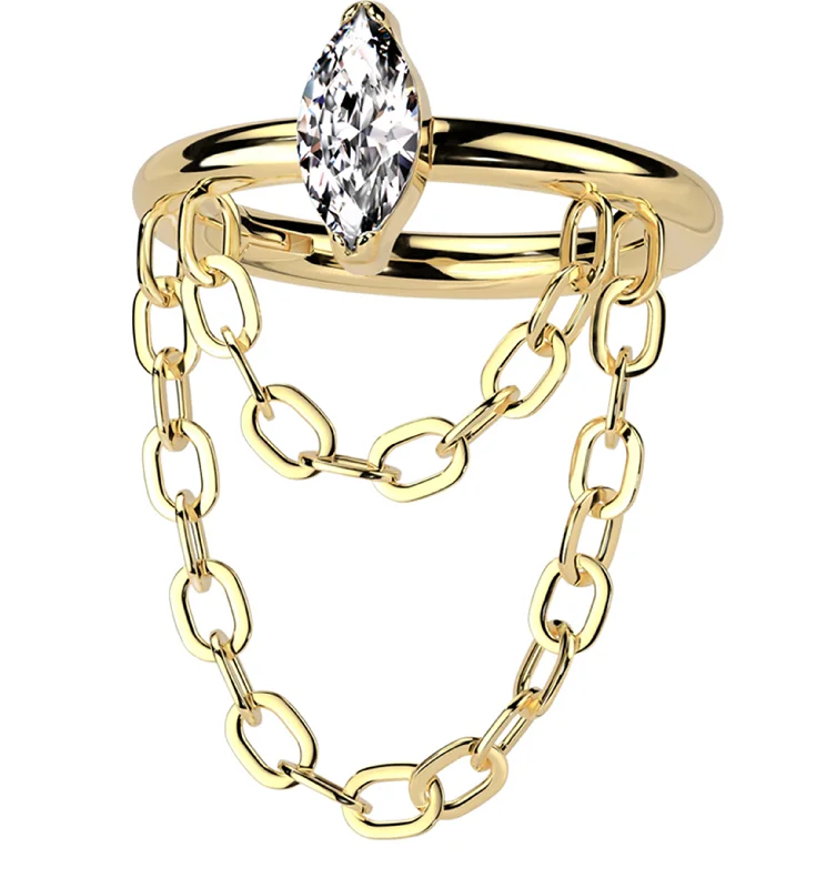 Zircon stone rings-Gold PVD Outward Marquise CZ Double Dangle Chain Stainless Steel Hinged Segment Ring