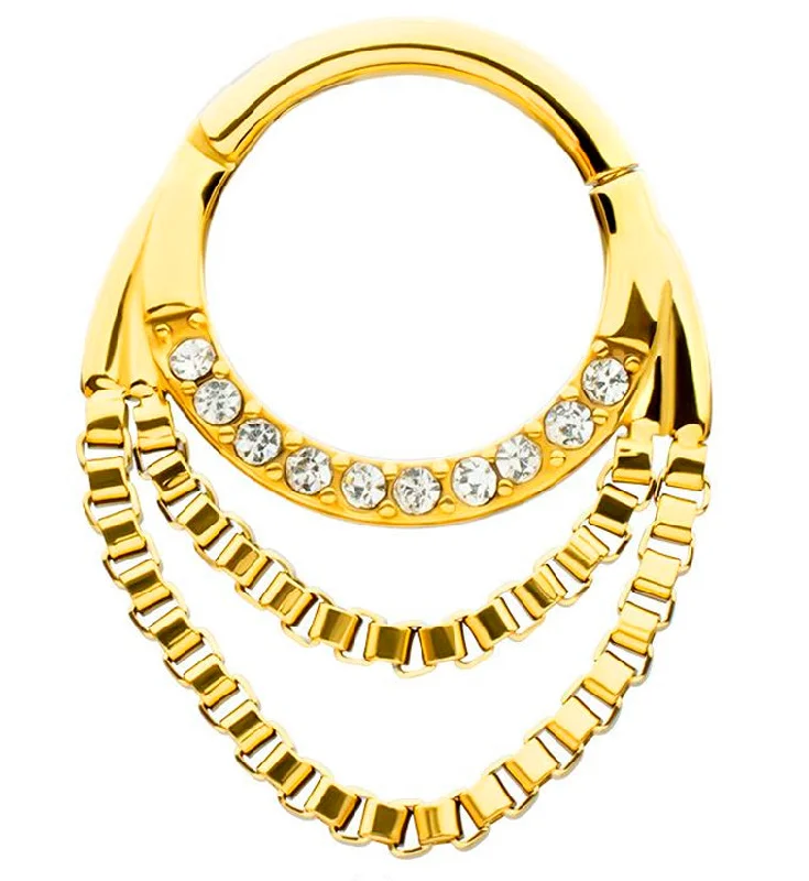 Crisp band rings-Gold PVD Double Box Chain Dangle Clear CZ Stainless Steel Hinged Segment Ring