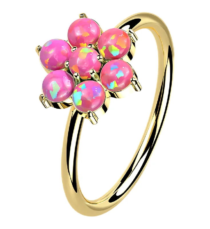 Circle design rings-14kt Gold Pink Opalite Flower Hoop Ring