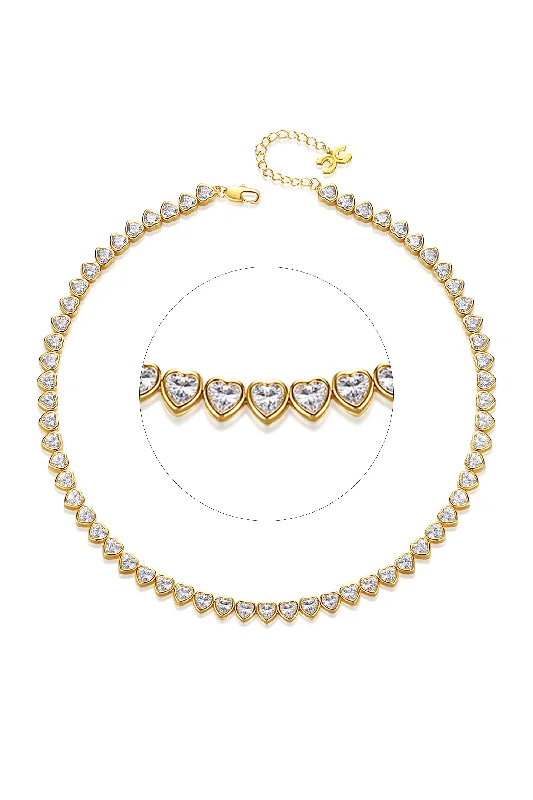 Mirror finish necklaces-Gold Sparkling Heart Shaped Zirconia Tennis Necklace