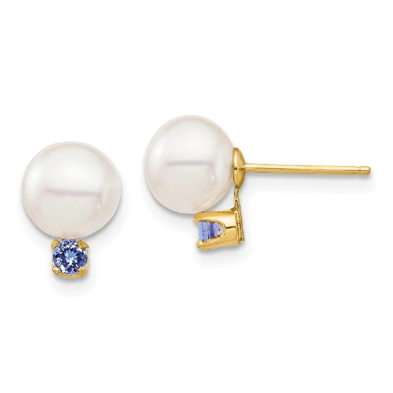 Matte enamel earrings-14K 7-7.5mm White Round Freshwater Cultured Pearl Tanzanite Post Earrings