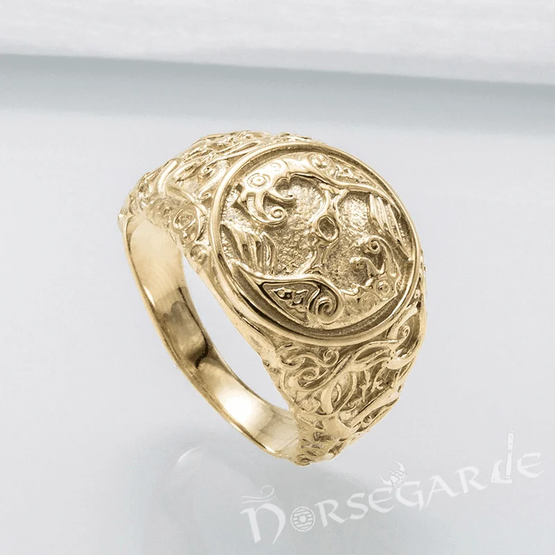 Twisted wire rings-Handcrafted Urnes Style Ravens Ring - Gold