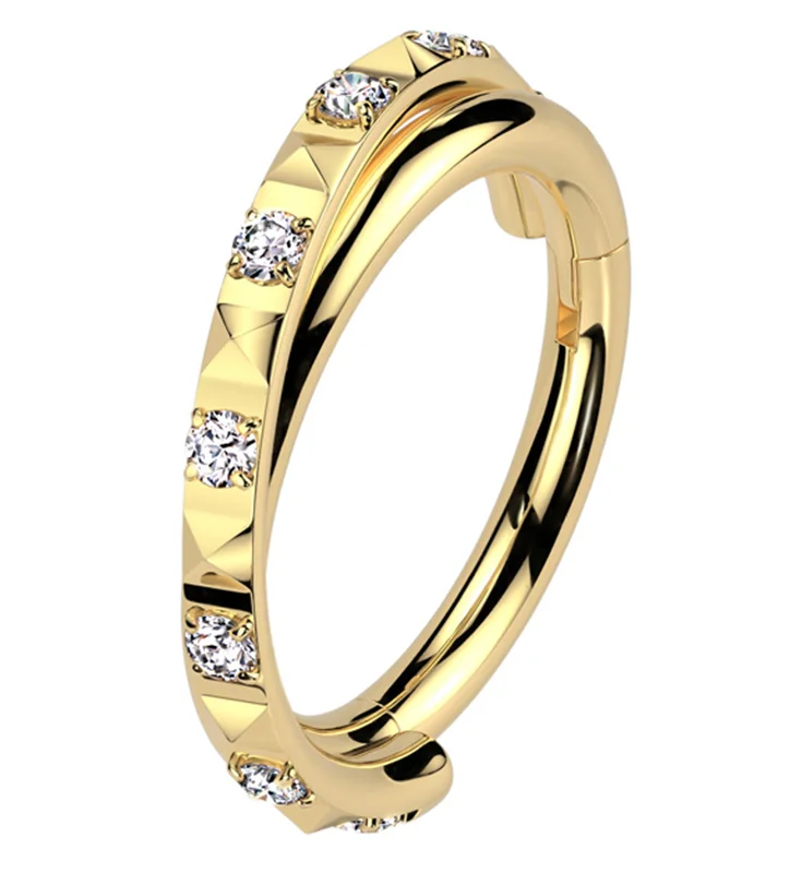 Pentagon gem rings-Gold PVD Crossover Polyhedra Clear CZ Titanium Hinged Segment Ring